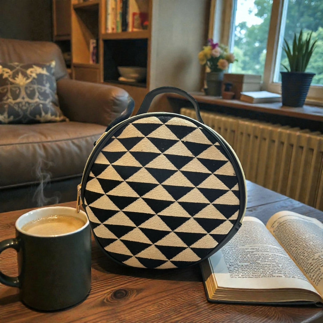 Vegan Leather Round sling bag ( Triangle design)